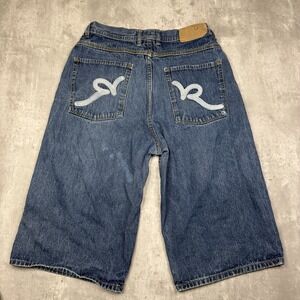 Vintage Rocawear Denim Shorts Men's 28 Blue Baggy Y2K Hip Hop Logo Embroidered